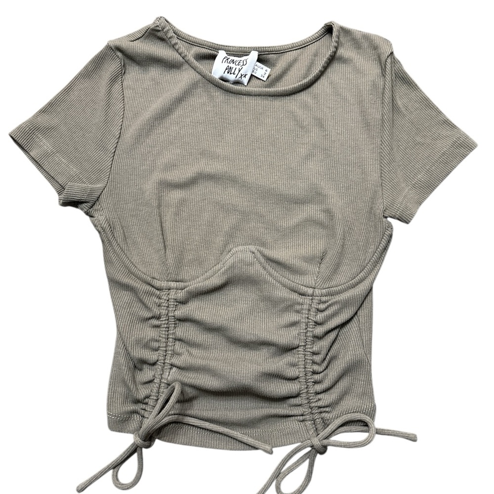 Princess Polly Stormi Ribbed Crop Baby Tee Casual Khaki Corset Ruching Sz 2